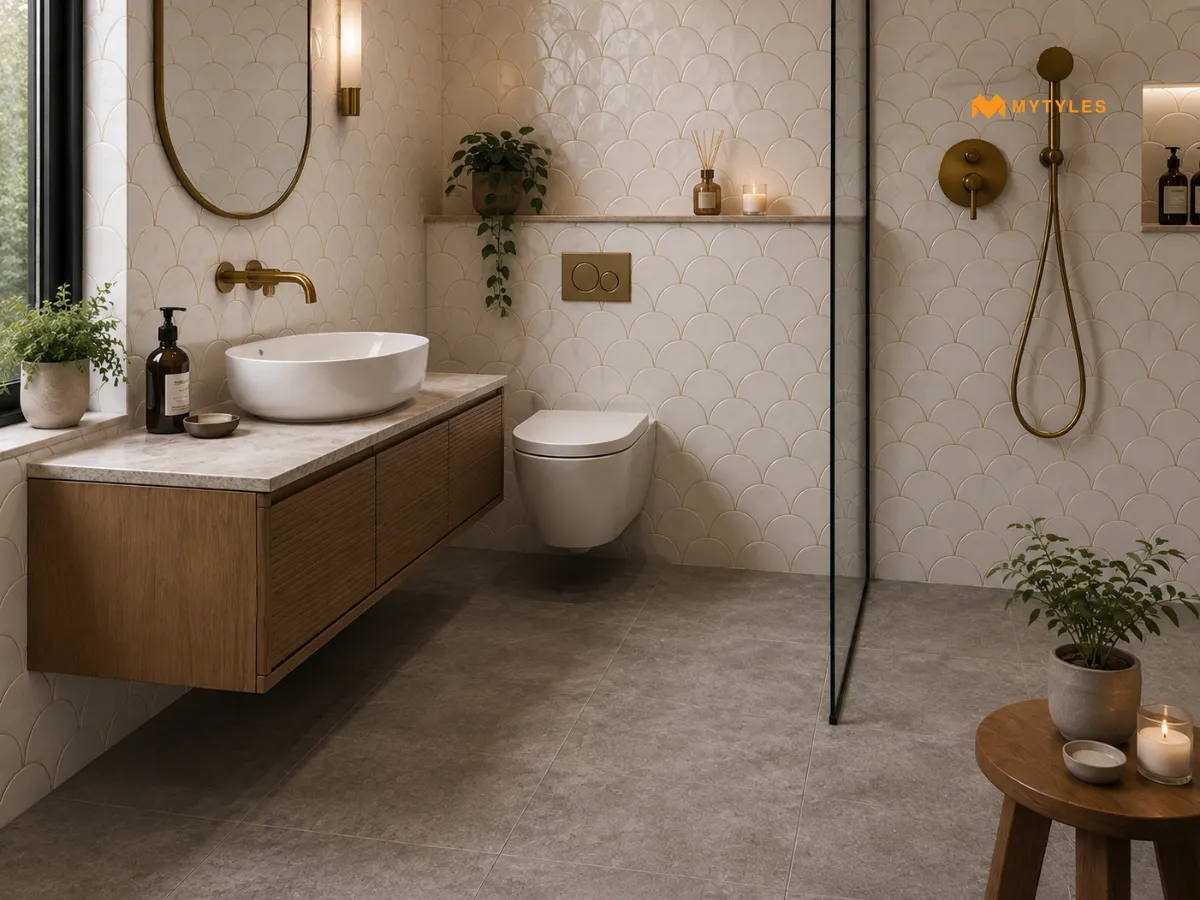 Neutral Tile Combination with Matt Grey Floors and Glossy White Walls